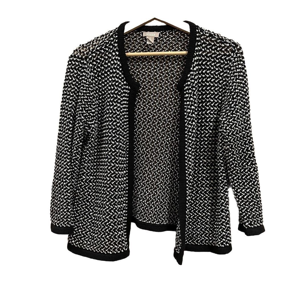 Chico's Cotton Blend Size 1 Black White Knit Crochet Cardigan Sweater‎ Women
